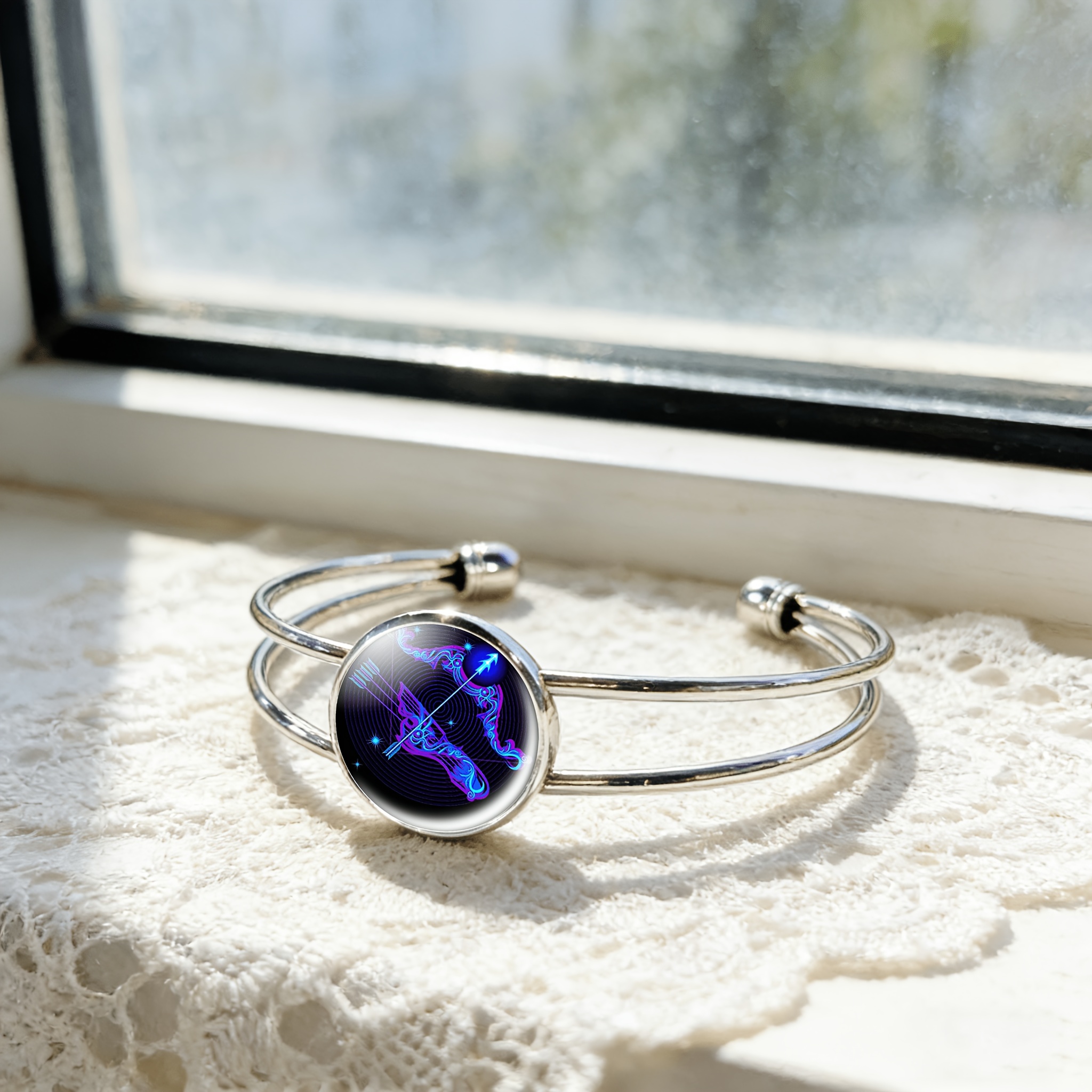Adjustable Open Bangle with Sagittarius Symbol Gemstone Inlay